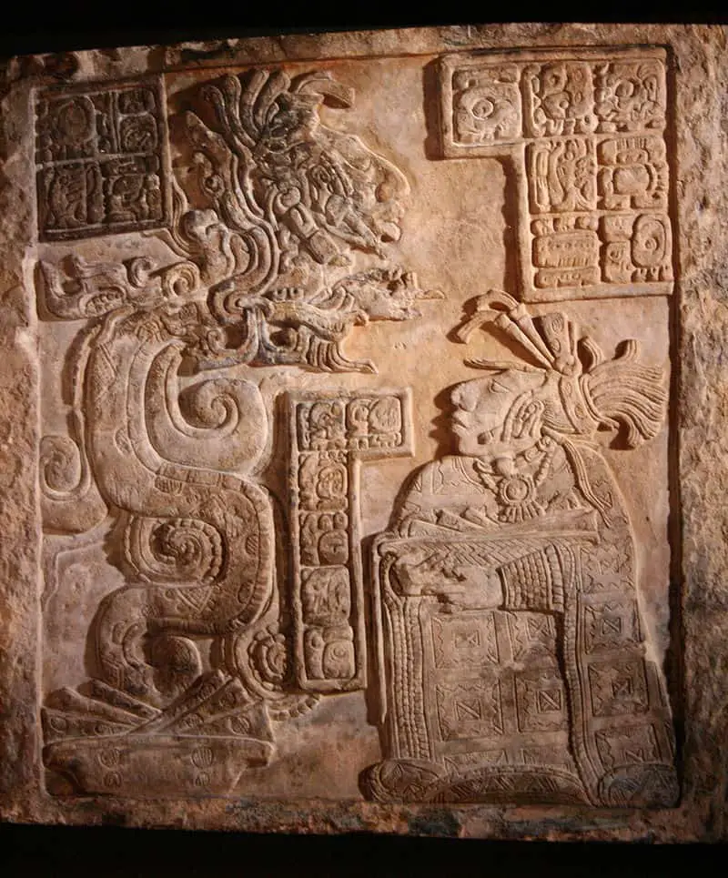Maya site of Yaxchilan, Mexico, Late Classice Period. Lintel 15 of Structure 21 depicting Lady Wak Tuun, one of the wives of king Bird-Jaguar IV during a bloodletting rite. British Museum. Credit: Wikipedia 