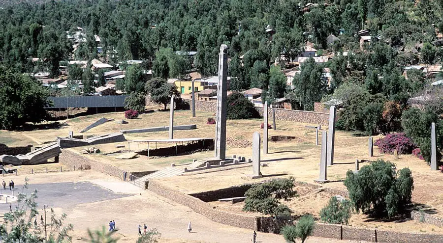 The Northern Stelae Park in Axum, with the King Ezana's Stele at the centre and the Great Stele lying broken.