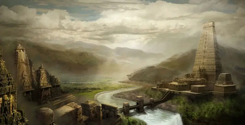 An artists rendering of a legendary ancient city.