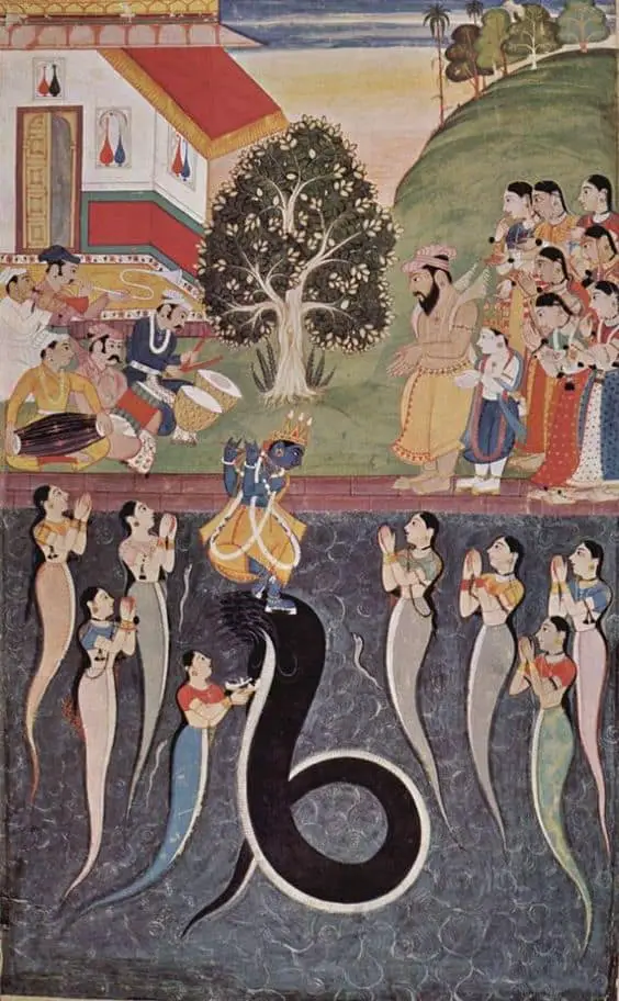Lord Krishna dancing on the serpent Kaliya; while the serpent's wives pray to Krishna. Credit Wikipedia